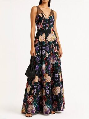 Marchesa Notte Tulle Trimmed‎ Floral Jacquard Gown Size 8 NWT Black